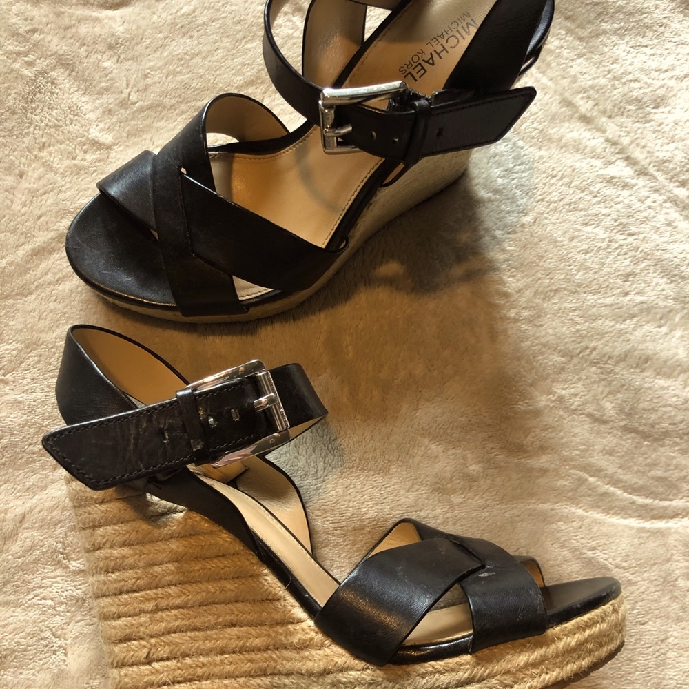 Michael Michael Kors Black Leather Espadrille Wedges